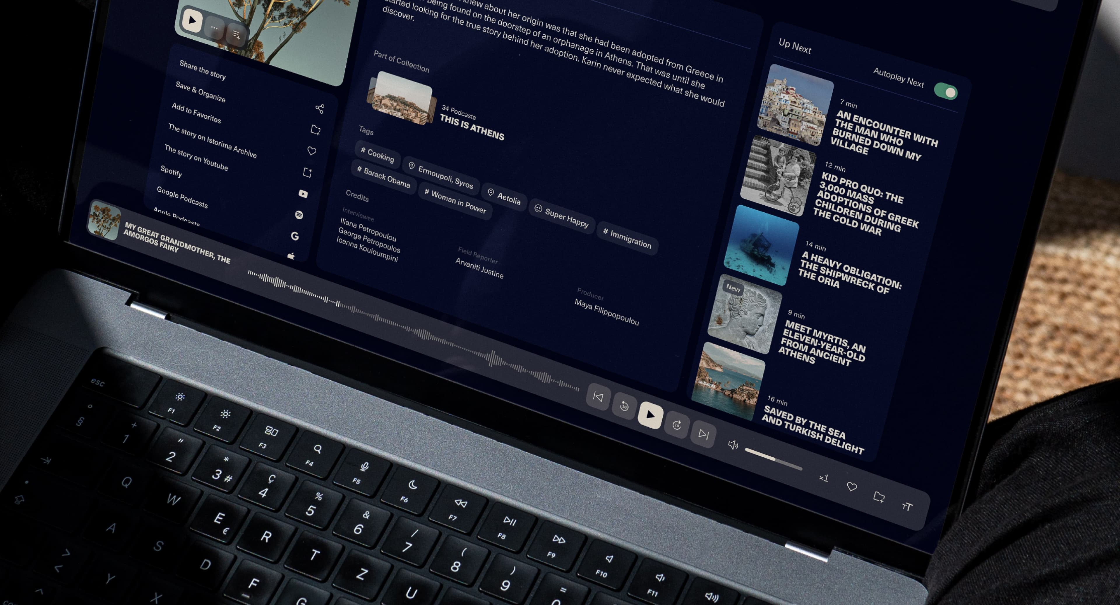 Always-on player allowing content exploration without the selected audio journey’s interruption