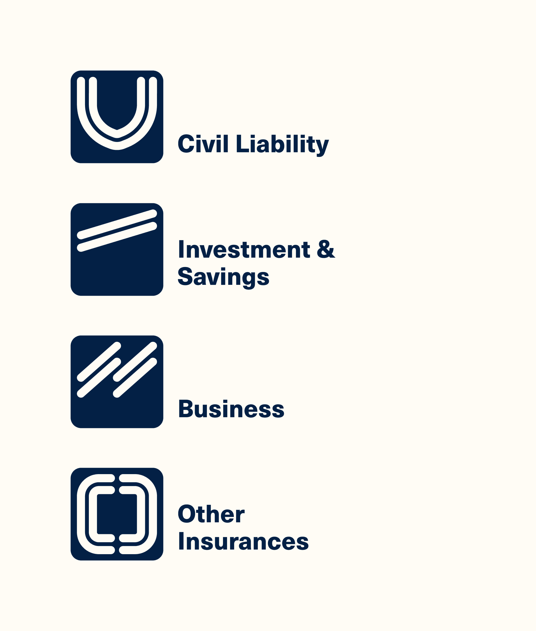 Product icons for Civil Liability, Investments & Savings, Business & Cyber Security insurance